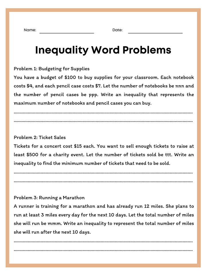 Inequality Word Problems Worksheet with Answer Key product image (1)