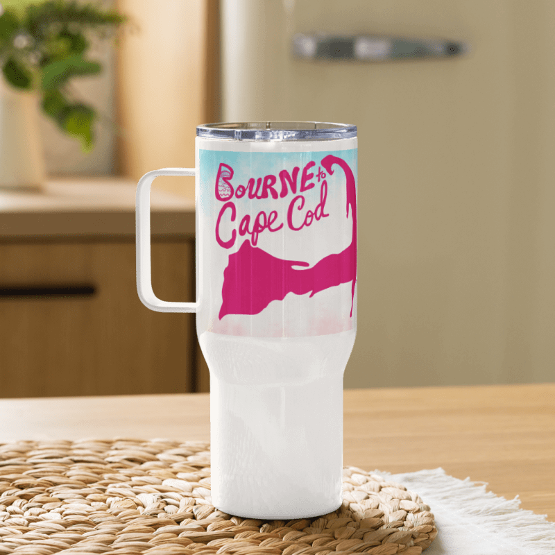 BOURNE to Cape Cod™ | Allcolor 267 | Stainless Steel Travel Mug with Handle | Insulated, Spill-Proof, Coastal Adventure Style | Pink Logo on Patriotic Pastels product image (5)