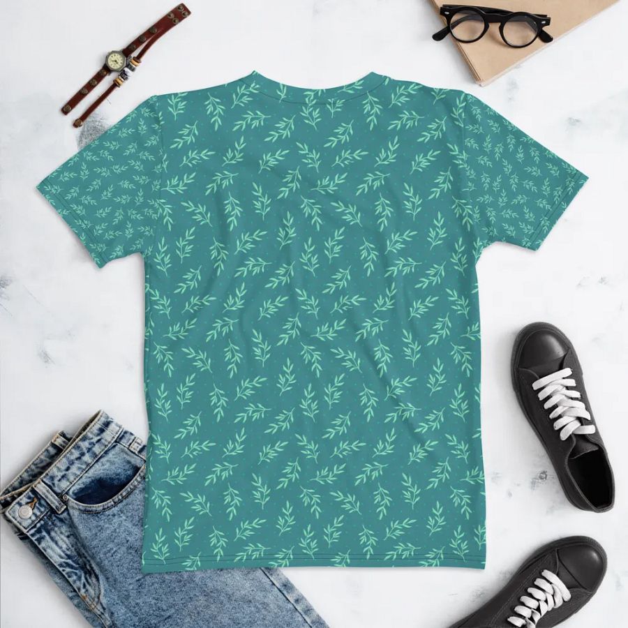 Ladies T shirt all over print teal color  leafy design  giving a fresh healthy feel. product image (5)