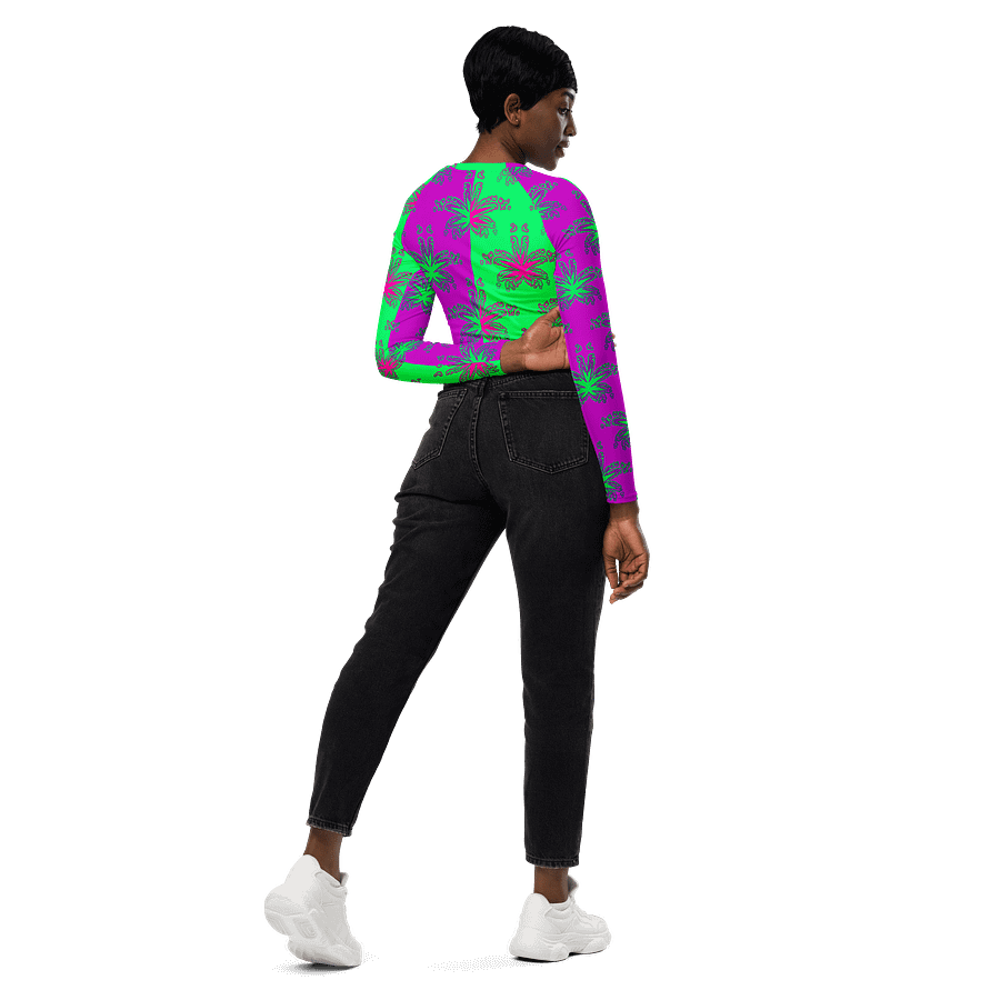 Pot Leaf Print Recycled Long-Sleeve Crop Top, 420 Stoner Circus Stripe Shirt, Cannabis Summertime Purple Mint Green Ganja Weed Beach Fashion product image (7)