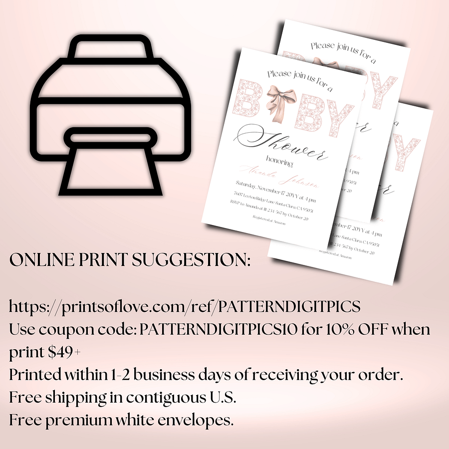 Minimalist Pink Bow Toile de Jouy Baby Shower Invitation, Chinoiserie Floral Themed Girl Baby Shower Invite for Digital Download product image (10)