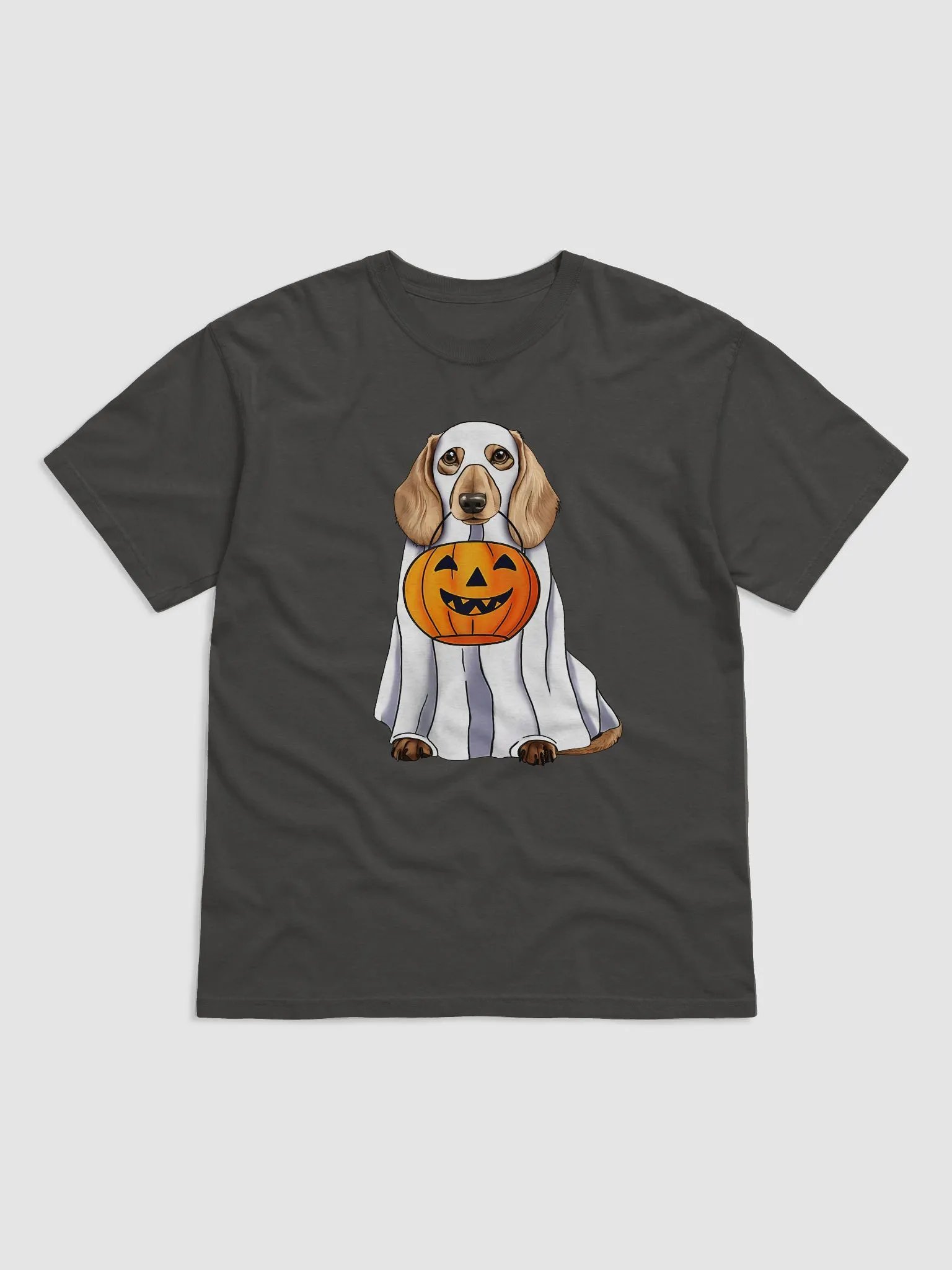 Dachshund(Longhaired) Halloween Tee | Funny Halloween Wiener/Doxie Wearing a Ghost Costume with Pumpkin Basket product image (7)