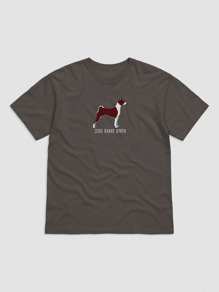 Zero Barks Given T-Shirt(Embroidered) of a Basenji(Brindle) product image (1)