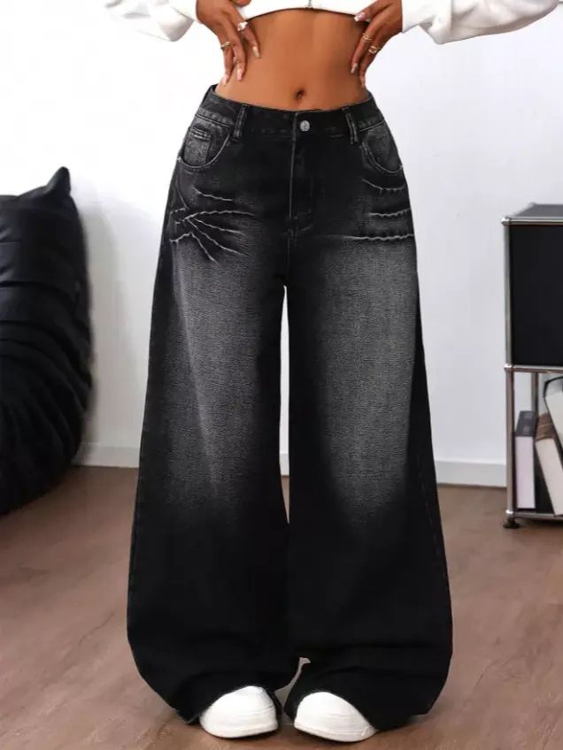 Women’s Baggy Jeans Y2K Black Wide Leg Embroidered Hip Hop Streetwear Vintage- product image (1)