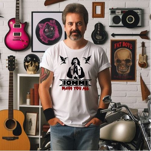 Check out and buy as John this new iconic T-shirt from The Riff Lord Tony Iommi blessing all the good guitarrists at your 40s...