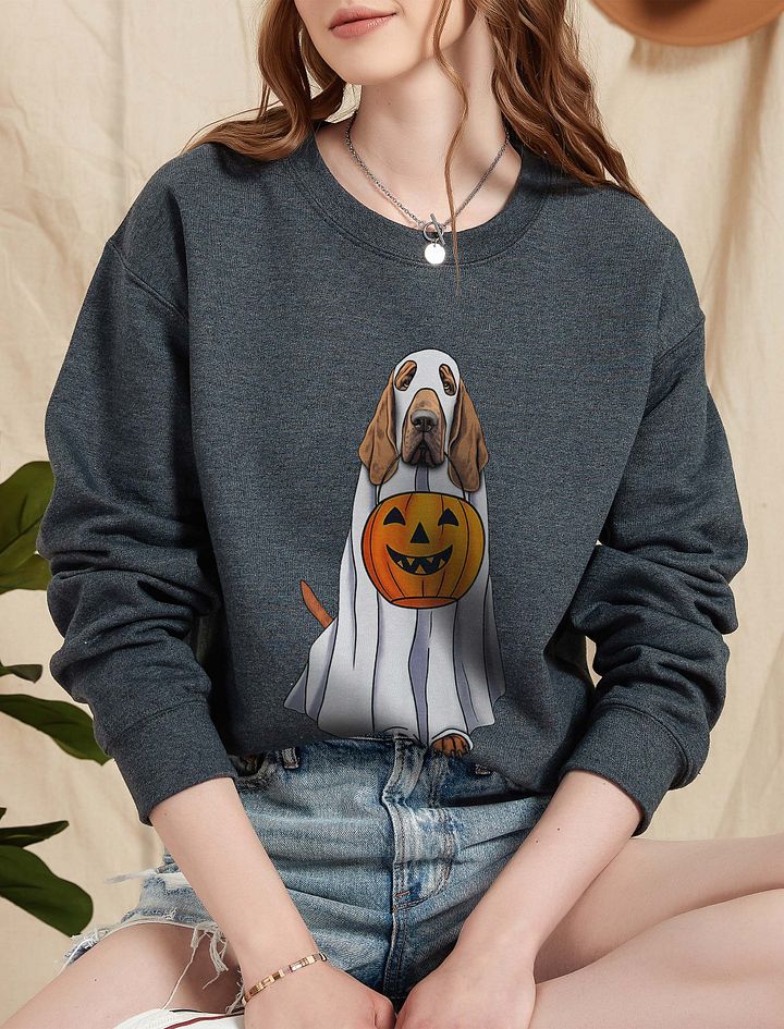 Bloodhound Halloween Sweatshirt | Funny Fall & Halloween Bloodhound Wearing a Ghost Costume with Pumpkin Basket product image (5)