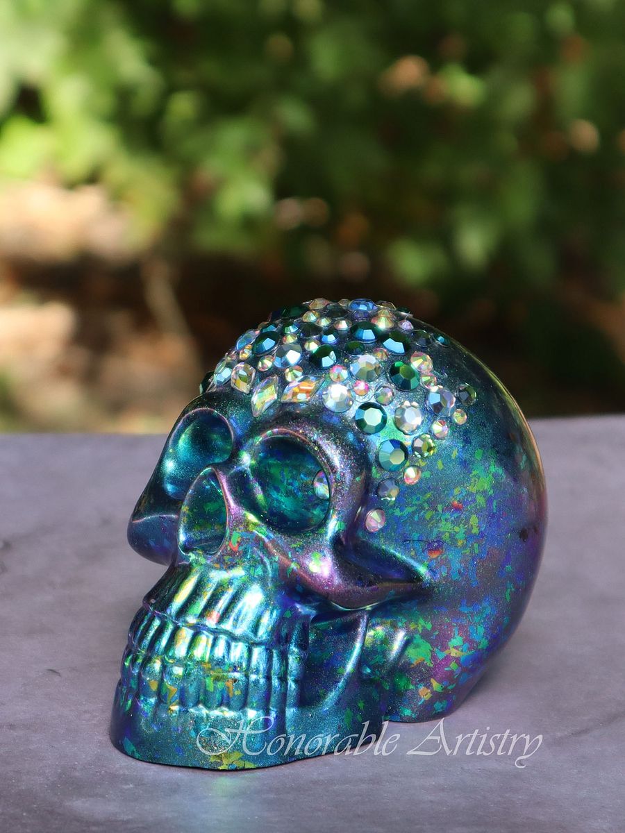 Blue-Green Colorshift Rhinestone Resin Skull product image (7)