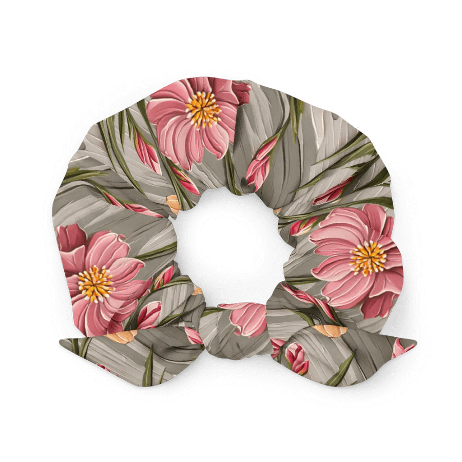 Hair Scrunchie - Painted Flowers in Shades of Yellow and Pink on a Textured Khaki Background product image (2)