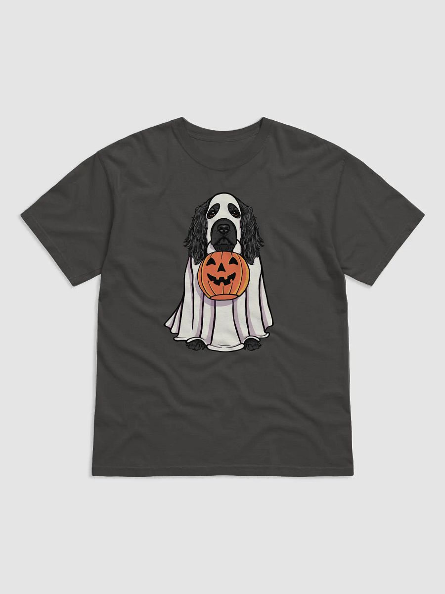 Funny Halloween Cocker Spaniel(Black) T-Shirt | Funny Cocker Spaniel Wearing a Ghost Costume and Holding a Pumpkin Basket product image (13)