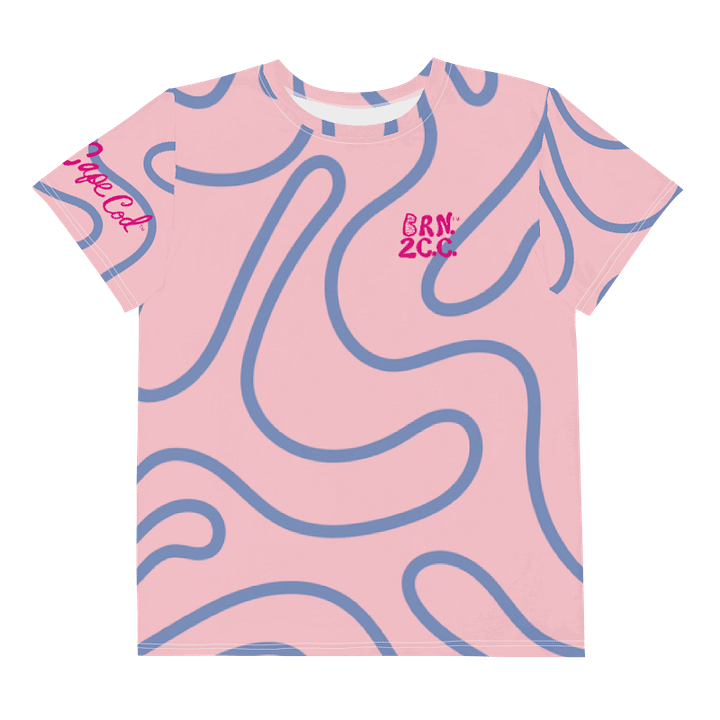 🦩YOUTH | Girls’ | BOURNE to Cape Cod™ | Logo Tee – All-Over Print | BRN.2C.C.™ | Coastal Cutie Vibes💖 | Pink Logo on Purple Squiggles on Pink product image (1)