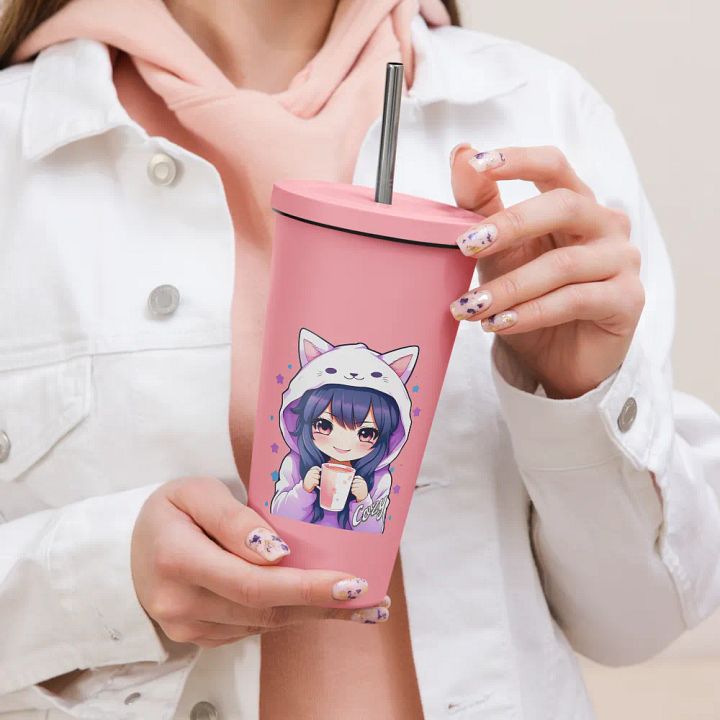 Cozy Kawaii Anime Girl 20 oz Tumbler Cup - Pink - Insulated Tumbler with a Straw product image (2)
