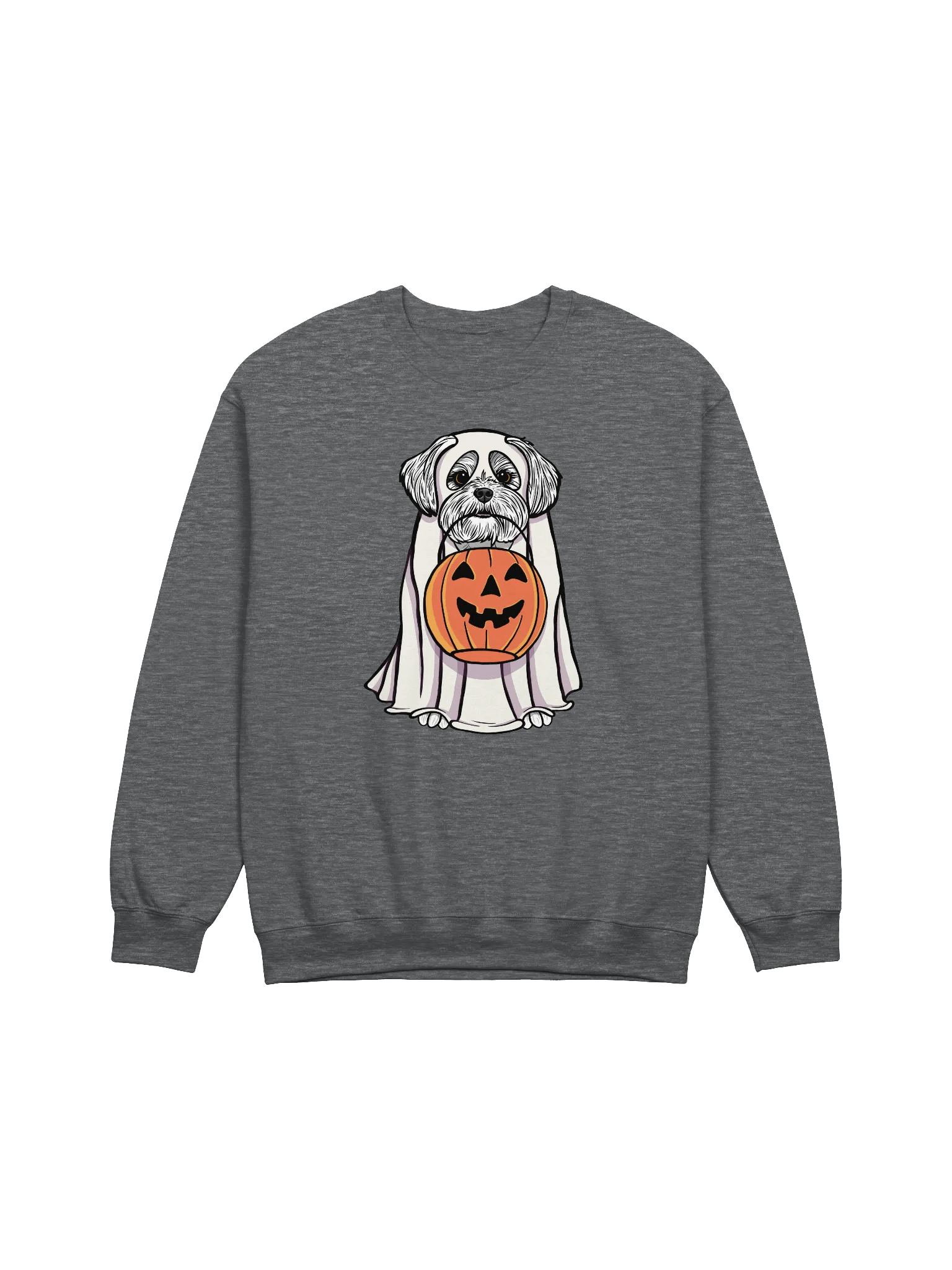 Funny Halloween Maltese Sweatshirt | Funny Maltese Wearing a Ghost Costume and Holding a Pumpkin Basket product image (7)