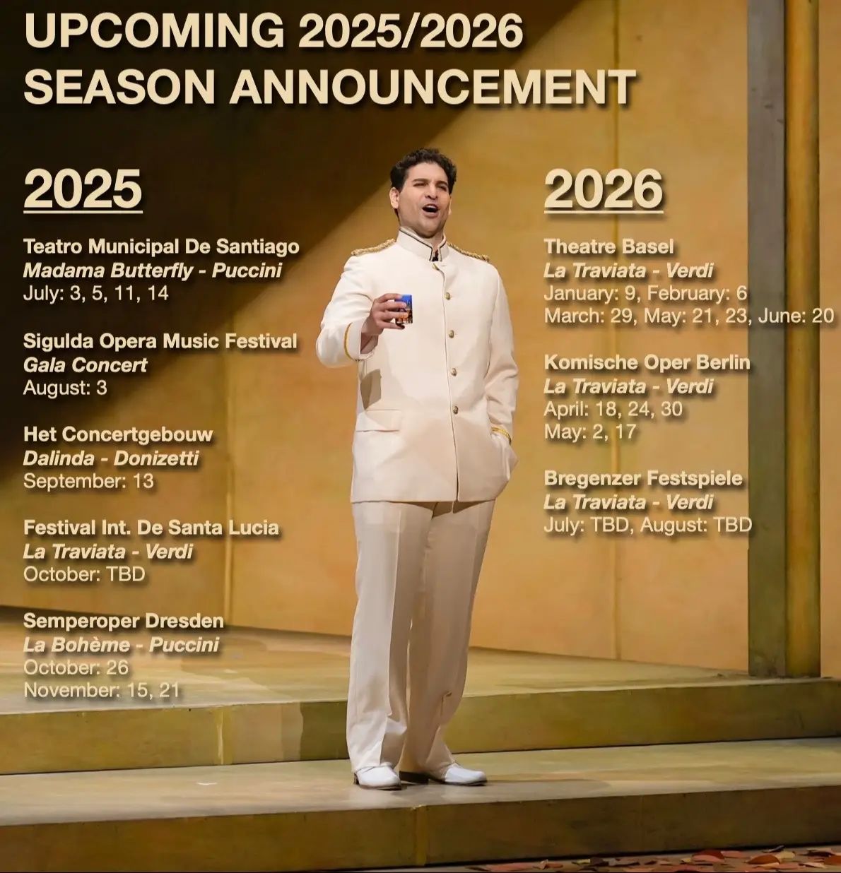 📣 Exciting News‼️ My 2025/2026 season is now officially LIVE on my website! 🎭✨ You can now view all dates, times, and venues where I’ll be performing around the world. 🌍 Click the link below to explore full details and buy your tickets now: 🎟️ 👉 https://www.josesimerillaromero.com/engagements (Link in bio) 🎶 Immediately after my time here in Tokyo, I’ll be flying out to join and perform in these incredible upcoming productions: 🇨🇱 Teatro Municipal De Santiago Madama Butterfly - Puccini 2025 July: 3, 5, 11, 14 🇱🇻 Sigulda Opera Music Festival Gala Concert 2025 August: 3 🇳🇱 Het Concertgebouw Dalinda - Donizetti  2025 September: 13 🇲🇽 Festival Internacional De Santa Lucía La Traviata - Verdi 2025 October: 17, 19 🇩🇪 Semperoper Dresden La Bohème - Puccini 2025 October: 26 November: 15, 21 🇨🇭 Theatre Basel La Traviata - Verdi 2026 Jan: 9 Feb: 6 March: 29 May: 21, 23 June: 20 🇩🇪 Komische Oper Berlin La Traviata - Verdi 2026 April: 18, 24, 30 May: 2, 17 🇦🇹 Bregenzer Festspiele La Traviata - Verdi 2026 July & August: Dates TBD #OperaSeason #TenorLife #OperaSinger #ClassicalMusic #LivePerformance #LaTraviata #MadamaButterfly #LaBoheme #GalaConcert #SiguldaFestival #Concertgebouw #OperaHouse #Semperoper #TheatreBasel #KomischeOperBerlin #BregenzerFestspiele #Opera2025 #Opera2026 #OnStageSoon #OperaLovers #TenorVoice #OperaLife #EngagementsUpdate #SeeYouAtTheOpera #ópera #operasingerlife #travel #singer #singing #music #operatok #traveltok #concerts #performances 