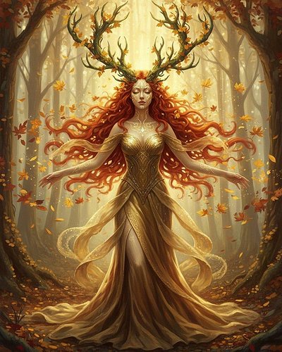 She walks where golden leaves remember. Each step stirs a hush of magic, a memory of ancient wisdom drifting on the autumn wi...