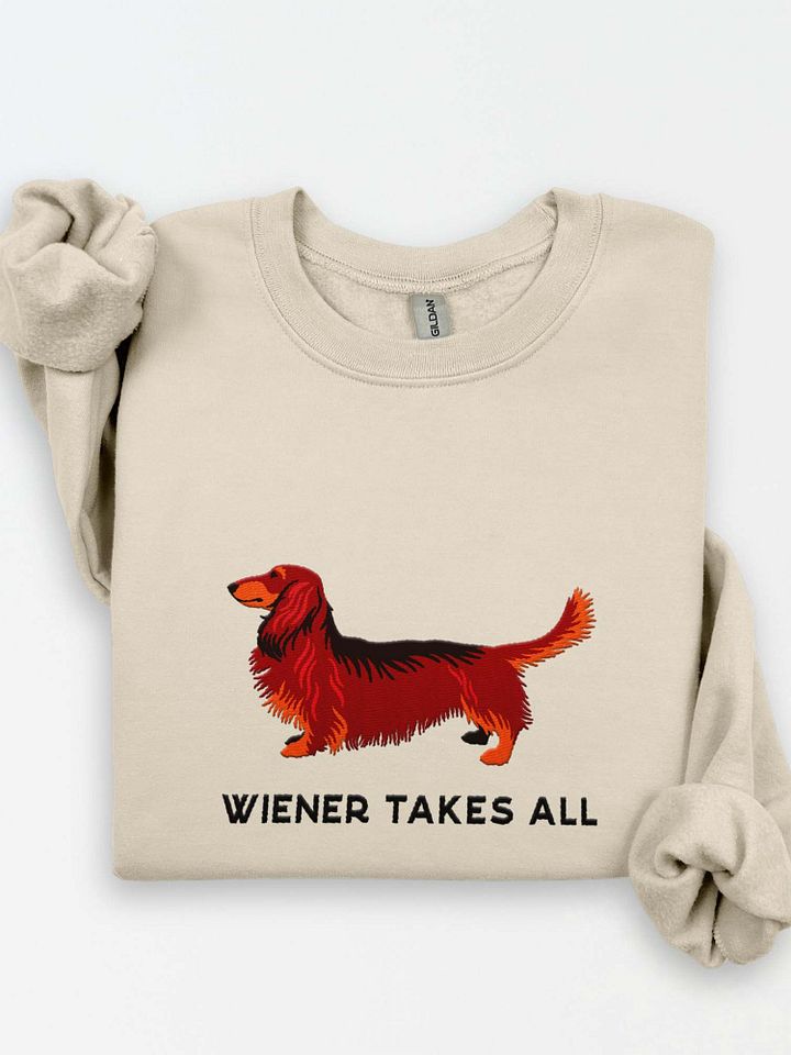 Wiener Takes All Sweatshirt (Embroidered) of a Longhaired Dachshund(Red & Tan) product image (1)