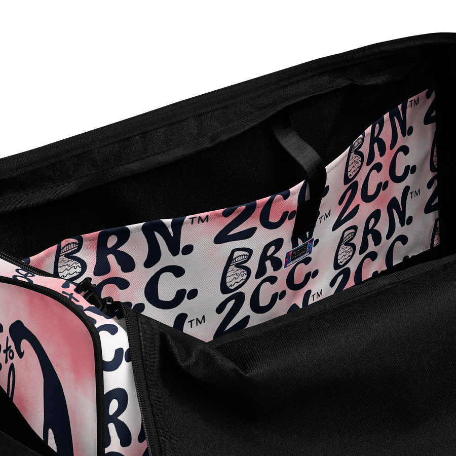 BOURNE to Cape Cod™ | Duffle Bag | BRN.2C.C.™ | Coastal Gym & Travel Gear | 22" All-Over Print Weekender | Navy Blue Logos on Pink Tie-Dye product image (6)