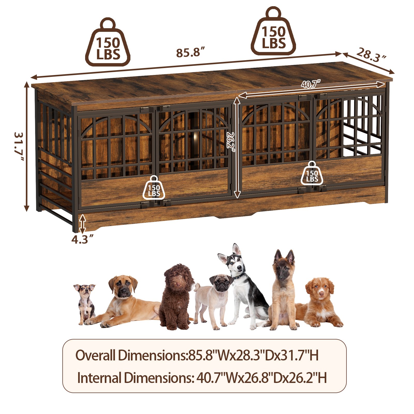 86 Inch Double Dog Crate Furniture for 2 Large Dogs, Decorative Dog Kennel Indoor TV Stand, Heavy Duty Wooden Dog Cage for Large Medium Dogs Sized Dog Pet House with Divider (Brown) product image (2)