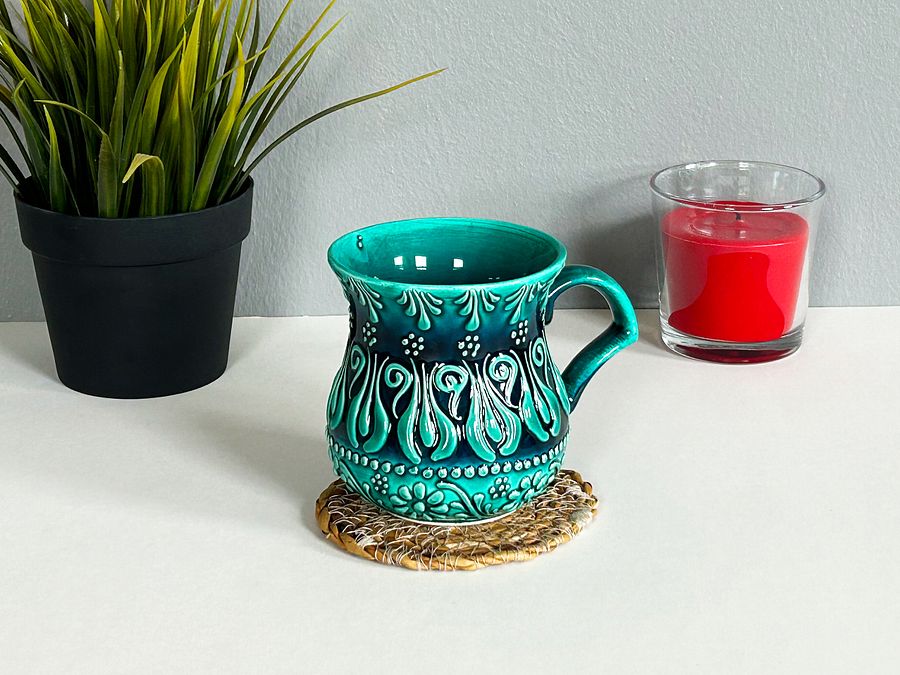 Ceramic milk/ayran cup, turquoise/green/emerald mug — handmade pottery, handmade ceramic, home decor, handmade gift, Turkish ceramic product image (4)