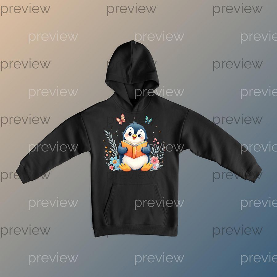 Adorable Cartoon Penguin Reading Book Surrounded by Colorful Flowers and Butterflies - Cute Clipart for Instant Download, 300 DPI PNG product image (6)