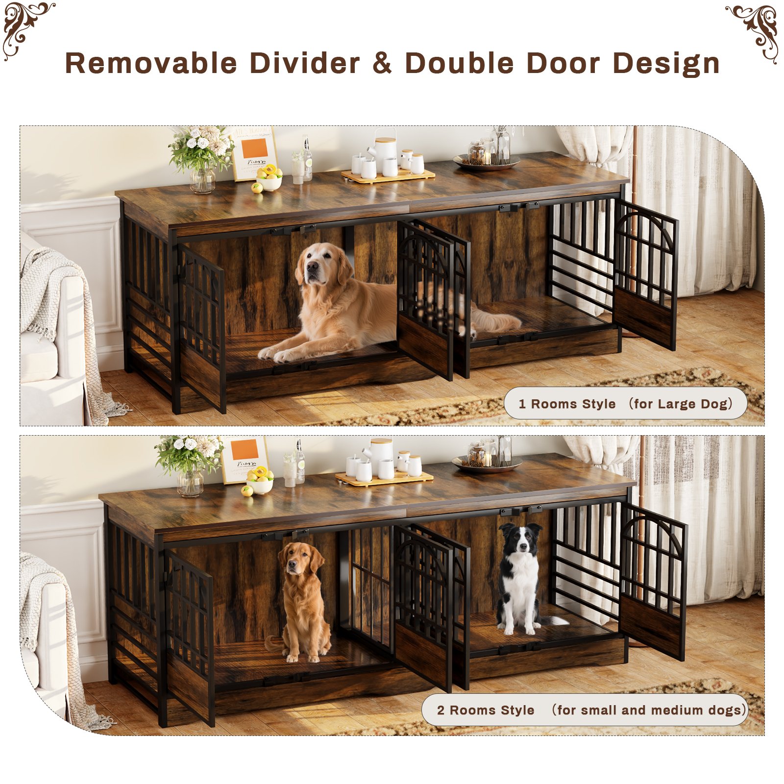 86 Inch Double Dog Crate Furniture for 2 Large Dogs, Decorative Dog Kennel Indoor TV Stand, Heavy Duty Wooden Dog Cage for Large Medium Dogs Sized Dog Pet House with Divider (Brown) product image (5)