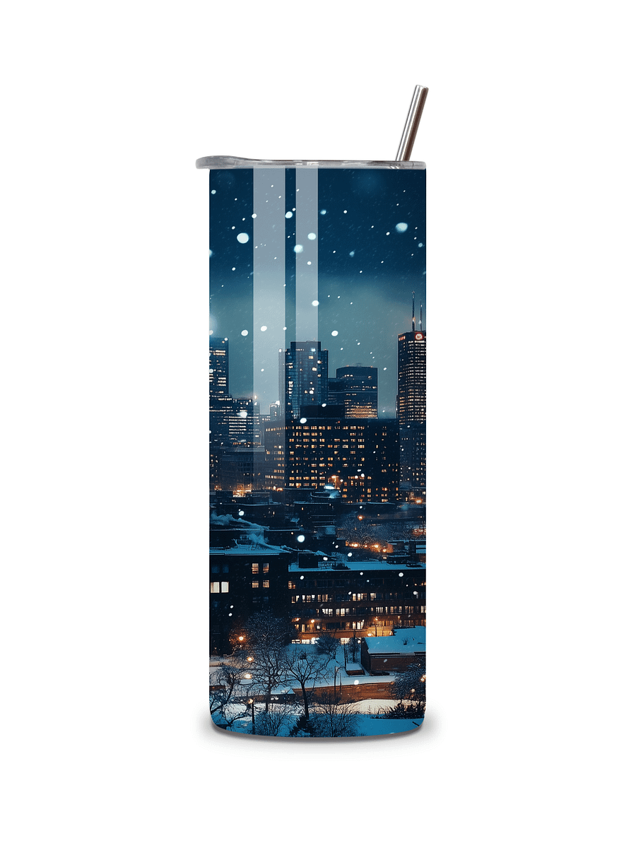 Winter City Skyline 20oz Skinny Tumbler with Metal Straw – Elegant Snowfall and Urban Design – Double-Walled Insulated Stainless Steel Tumbler, Great for City and Winter Lovers product image (5)