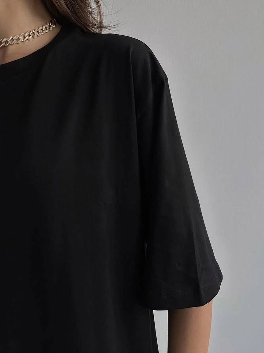 100% Cotton Oversized Solid Tees-Black product image (3)