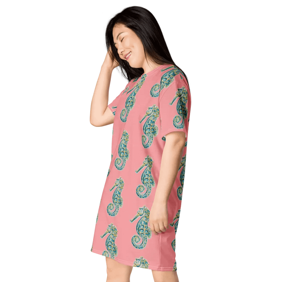 Women's | Ocean Majesty | Painted Seahorse | T-Shirt Dress | Coastal Oversized Dress | Ocean-Inspired Casual Style | Wewak Pink Background product image (3)