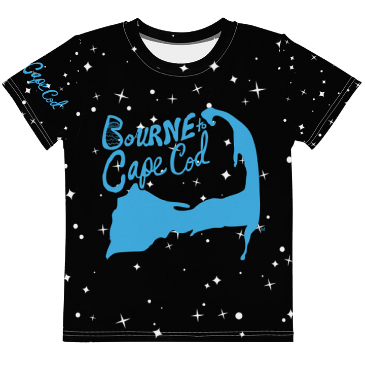 Girls | Little Kids T-Shirt | BOURNE to Cape Cod™ | Front & Sleeve Logo | BRN.2C.C.™ Back Graphic | Vibrant Coastal Tee for Kids | Blue Logo on Starry Black product image (1)