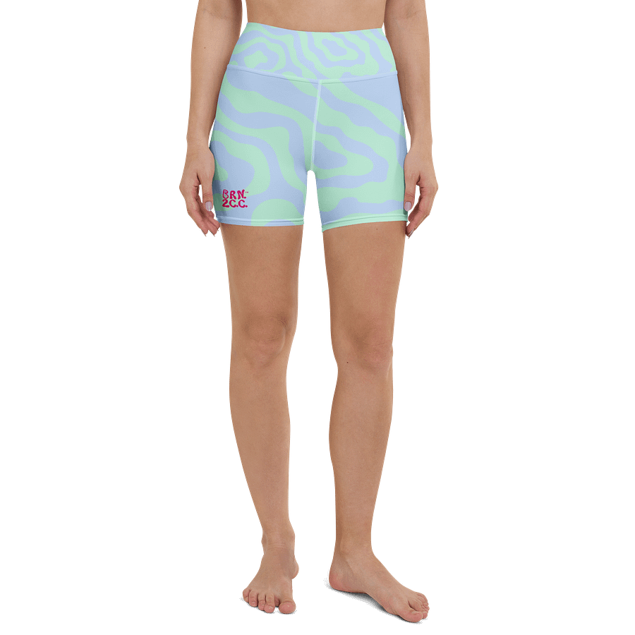 All-Over Print Yoga Shorts | with Inside Pocket | BRN.2C.C.™ | Coastal-Inspired Activewear | Vibrant Pink Logo on Wavy Pastel Stripes product image (2)
