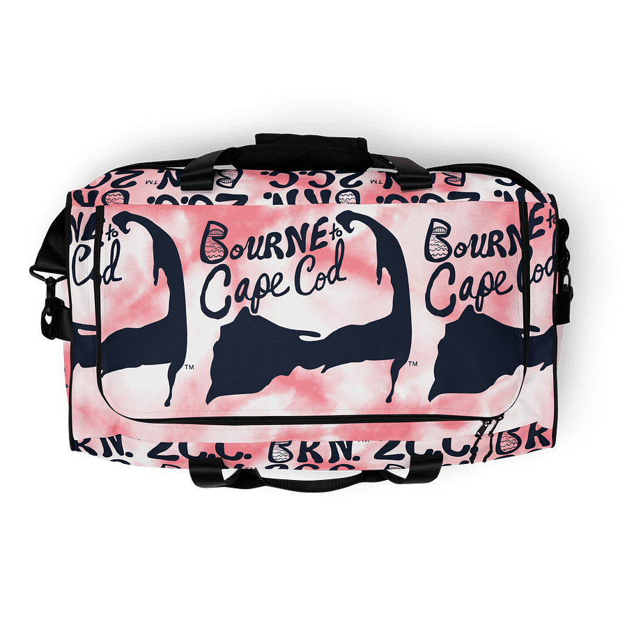 BOURNE to Cape Cod™ | Duffle Bag | BRN.2C.C.™ | Coastal Gym & Travel Gear | 22" All-Over Print Weekender | Navy Blue Logos on Pink Tie-Dye product image (8)
